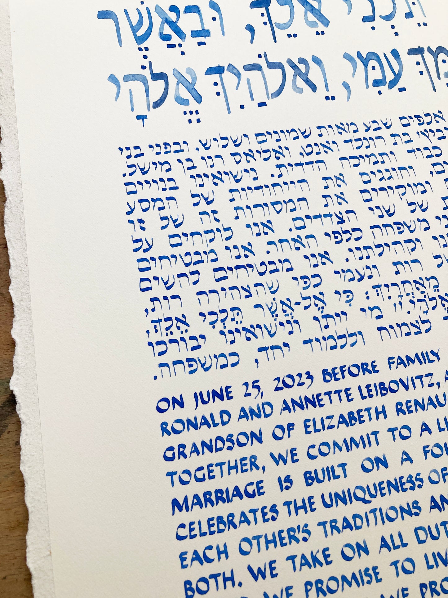 Modern blue custom Calligraphy painted Ketubah