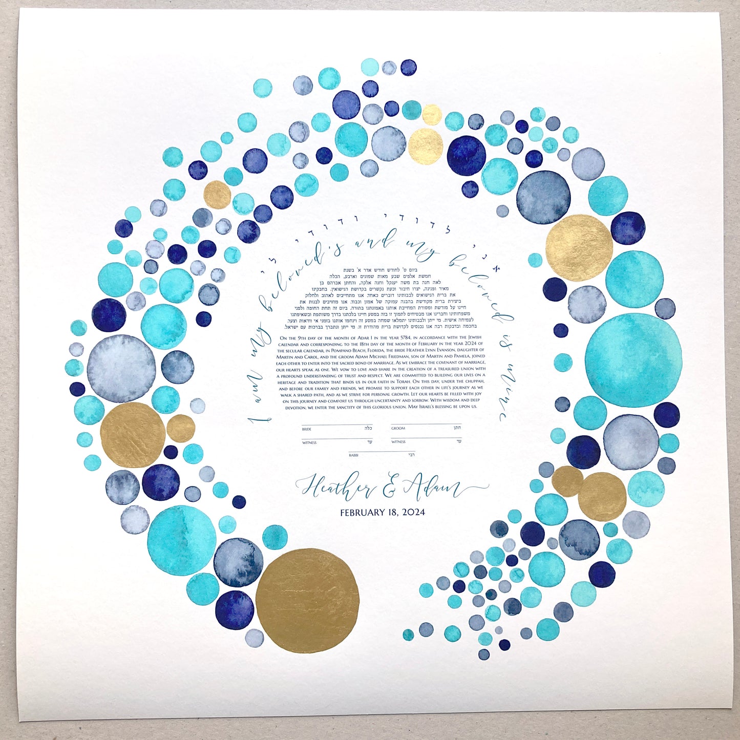 Beach Wedding Ketubah watercolor Enso Circle >< Mid century modern Ketubah with gold gilded accents