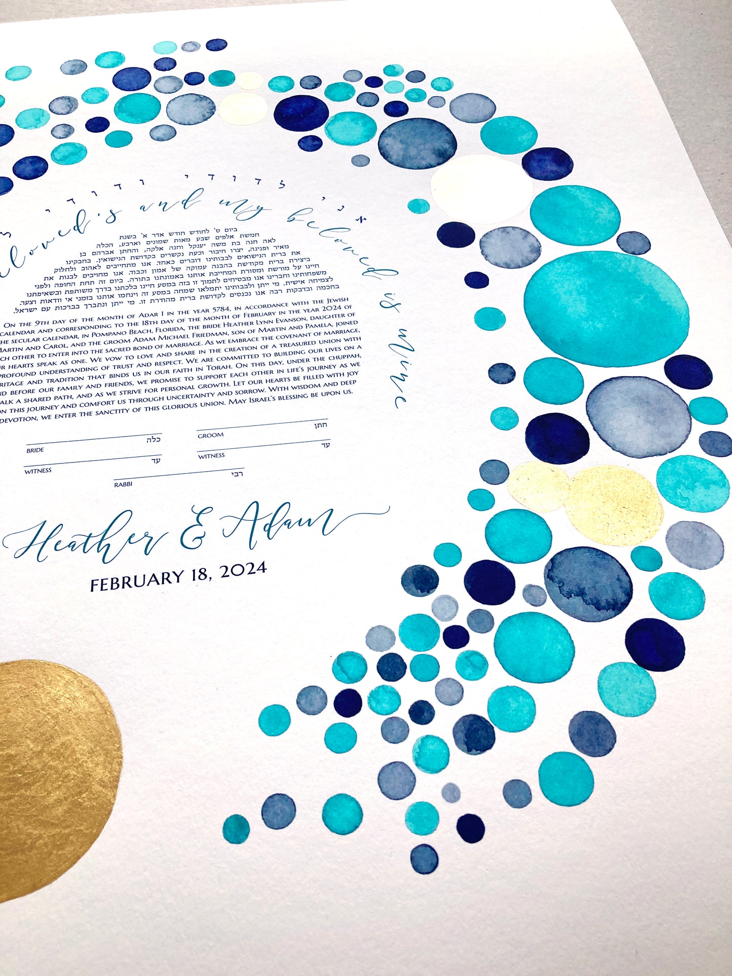 Beach Wedding Ketubah watercolor Enso Circle >< Mid century modern Ketubah with gold gilded accents