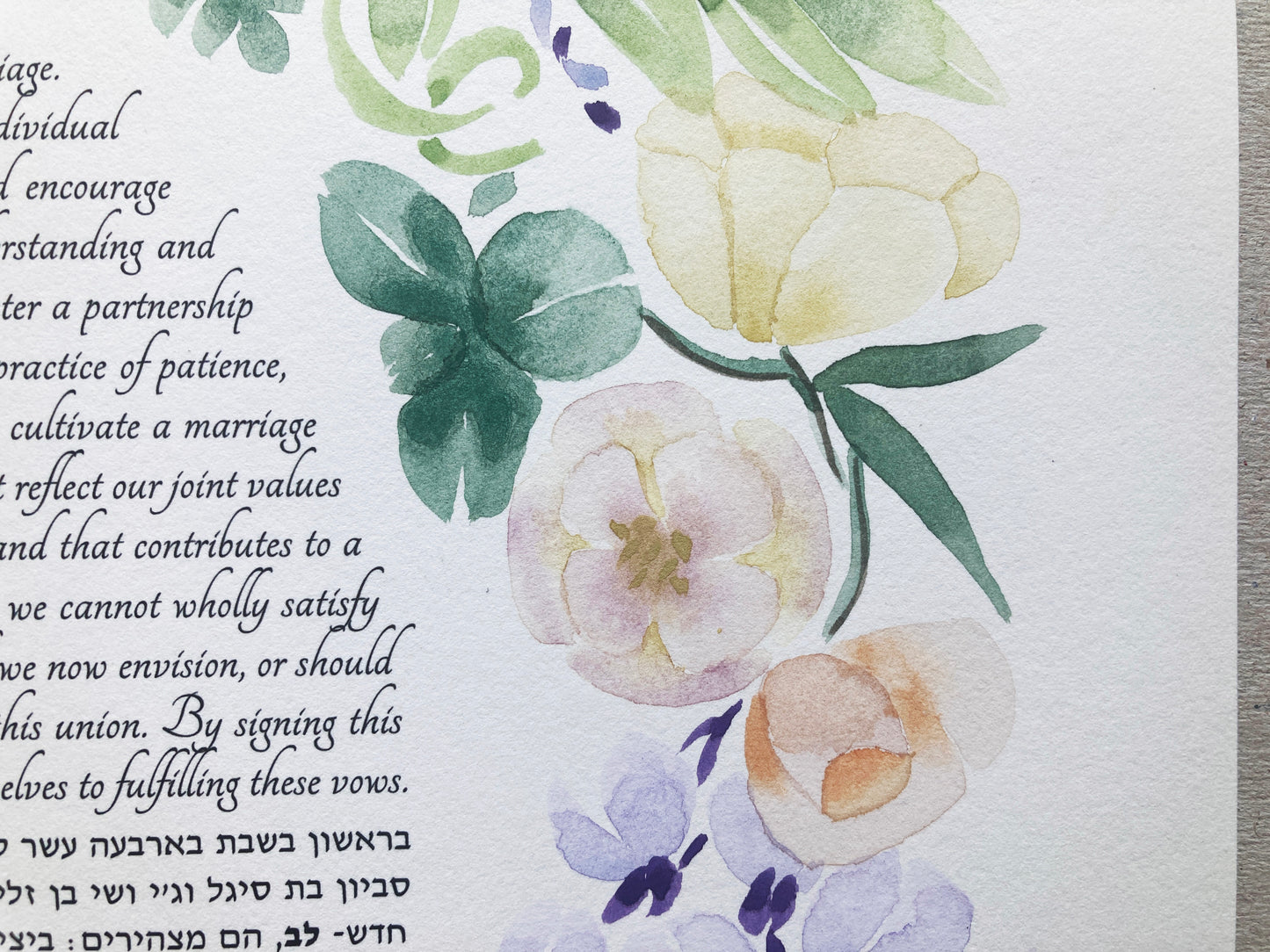 Custom Flower Wreath Watercolor Ketubah > printed text modern ketubah