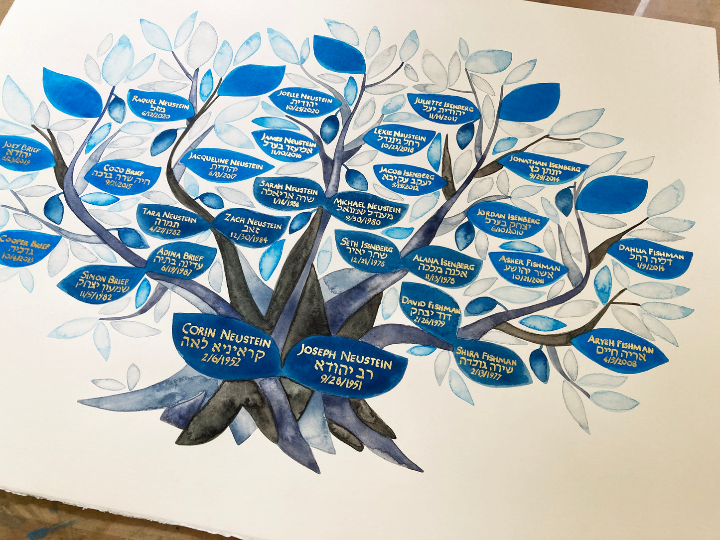 Simple blue leaf gold ink Heritage Tree }{ painting with Silver ink calligraphy or giclée print format no gilding