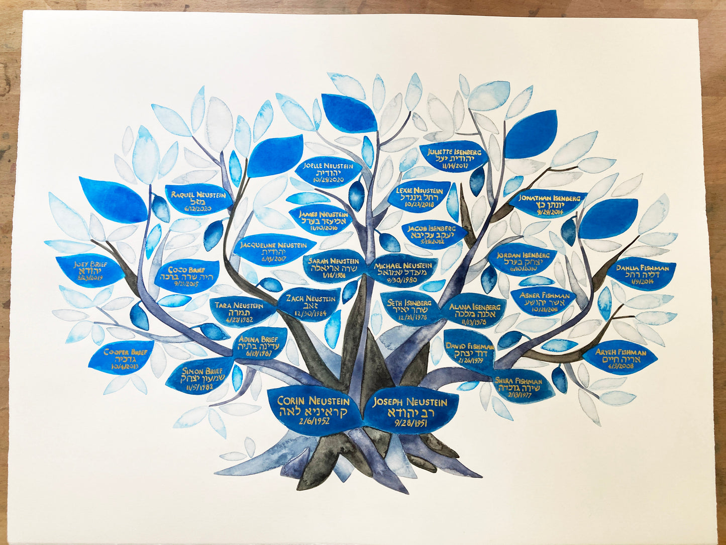 Simple blue leaf gold ink Heritage Tree }{ painting with Silver ink calligraphy or giclée print format no gilding