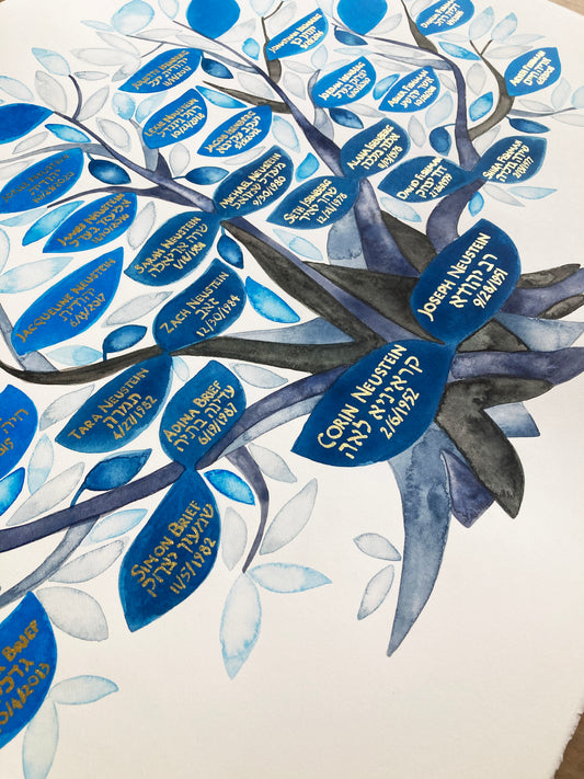 Simple blue leaf gold ink Heritage Tree }{ painting with Silver ink calligraphy or giclée print format no gilding