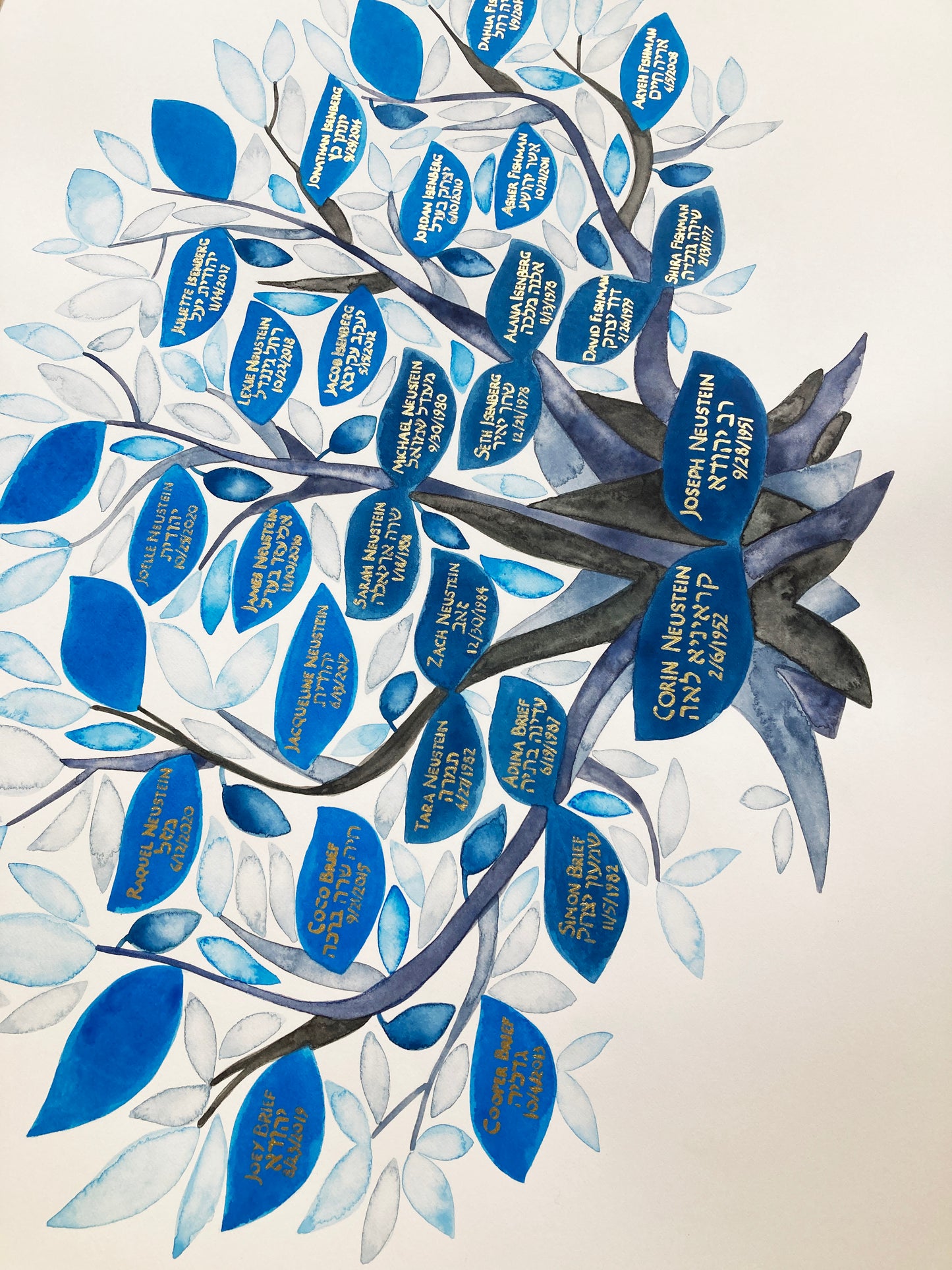 Simple blue leaf gold ink Heritage Tree }{ painting with Silver ink calligraphy or giclée print format no gilding