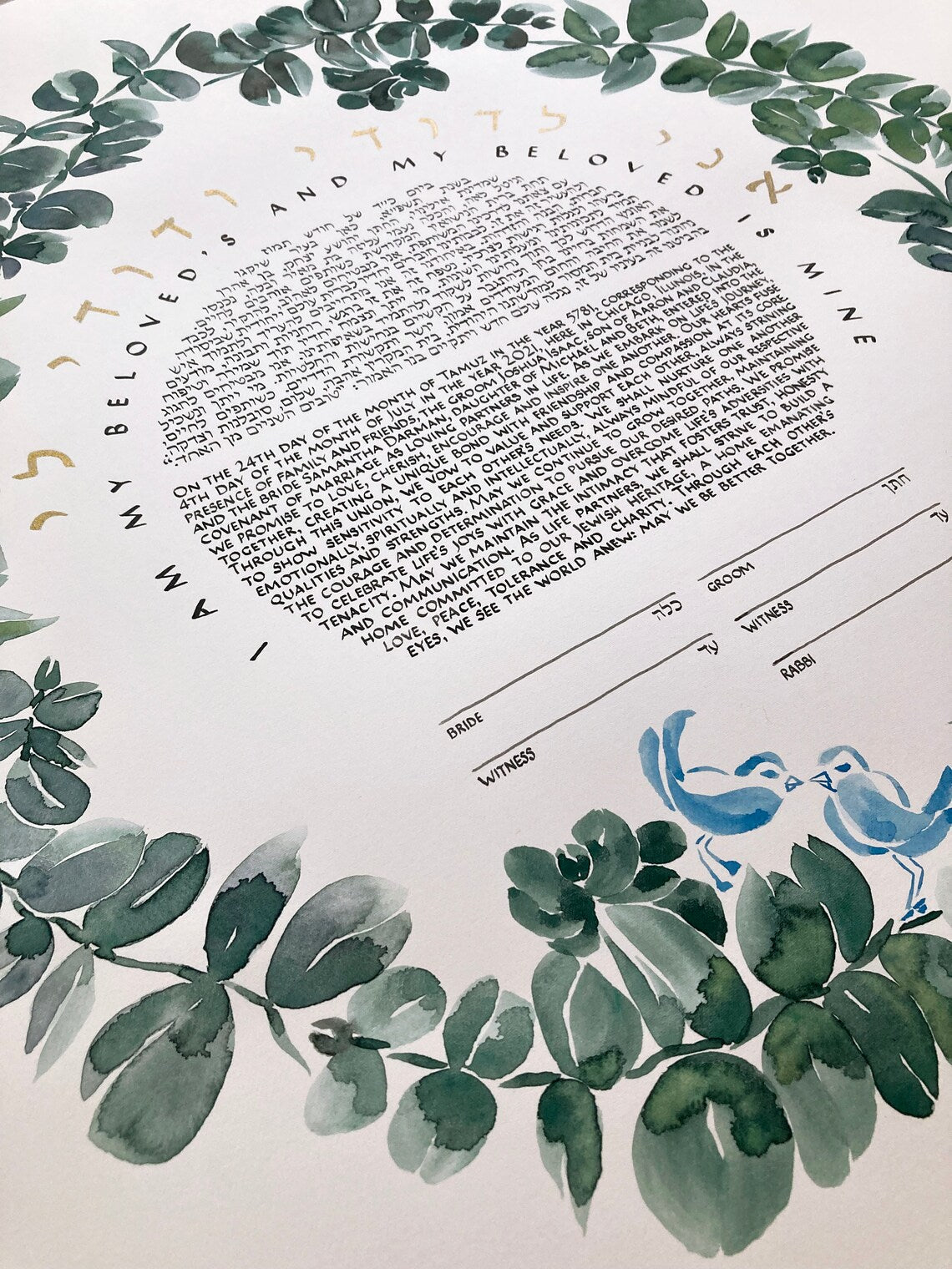 Rachel K. Reserved Listing Custom Ketubah <> Watercolor Eucalyptus wreath artwork commission