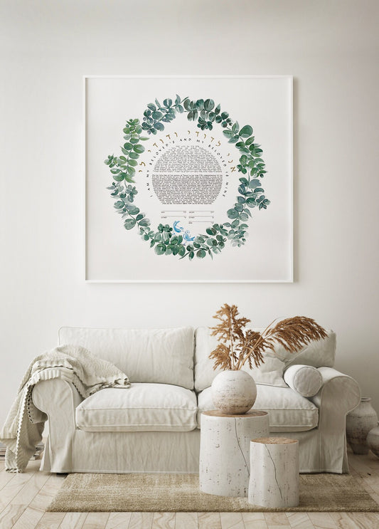 Rachel K. Reserved Listing Custom Ketubah <> Watercolor Eucalyptus wreath artwork commission