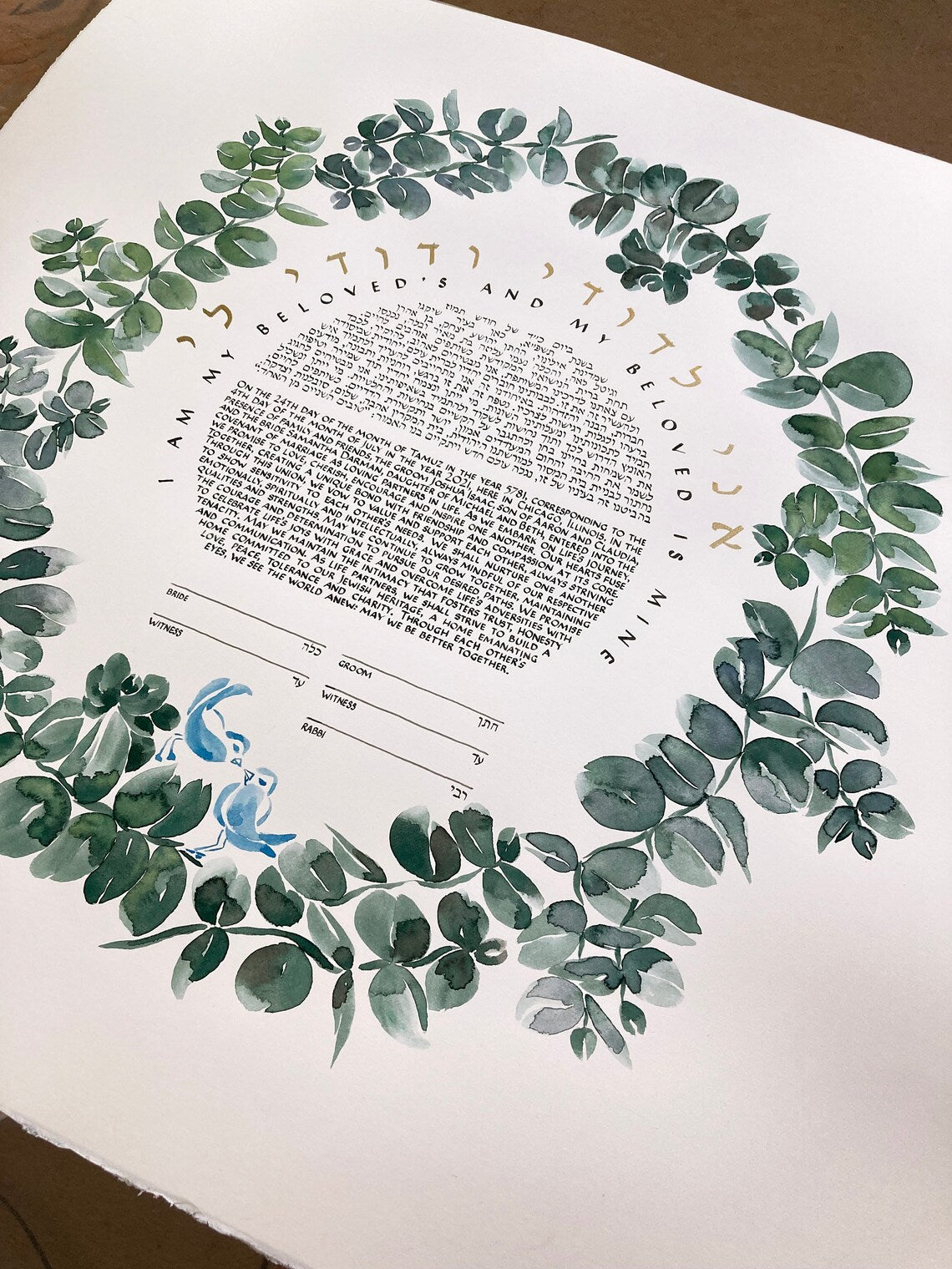 Rachel K. Reserved Listing Custom Ketubah <> Watercolor Eucalyptus wreath artwork commission