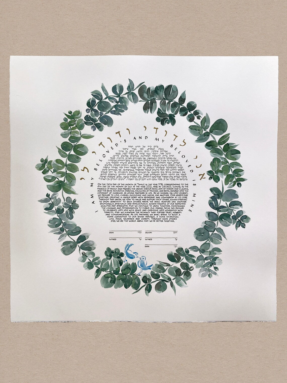 Rachel K. Reserved Listing Custom Ketubah <> Watercolor Eucalyptus wreath artwork commission