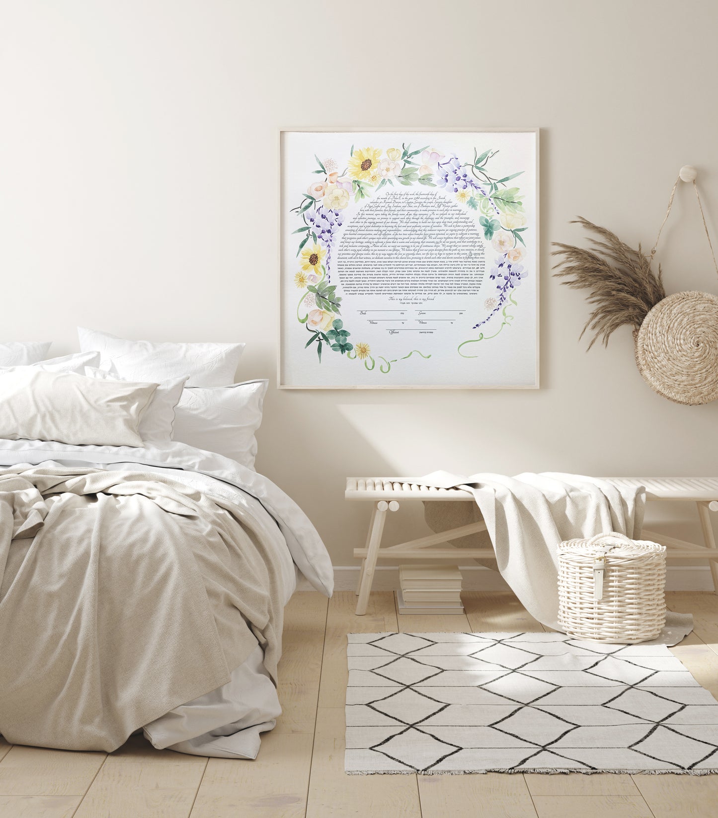 Custom Flower Wreath Watercolor Ketubah > printed text modern ketubah